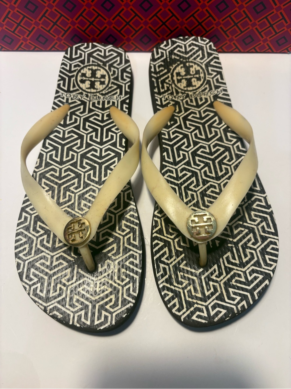 Tory Burch Black & Beige Logo Flip Flop Sandals